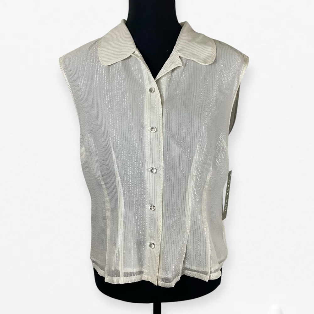 NWT Kate Hill Silk Cream White Tinsel Button Down Sleeveless Blouse Top M 8